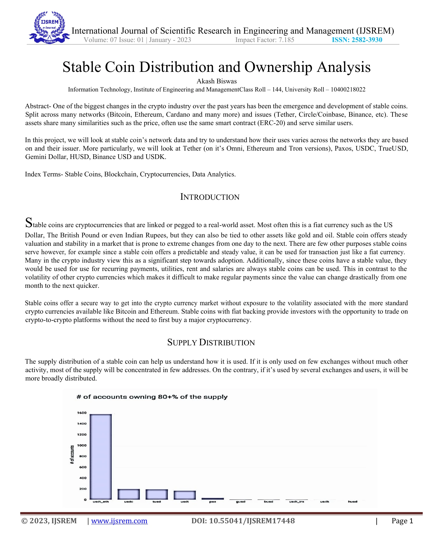First page of Akash Biswas’s Stable Coin Distribution and Ownership Analysis paper